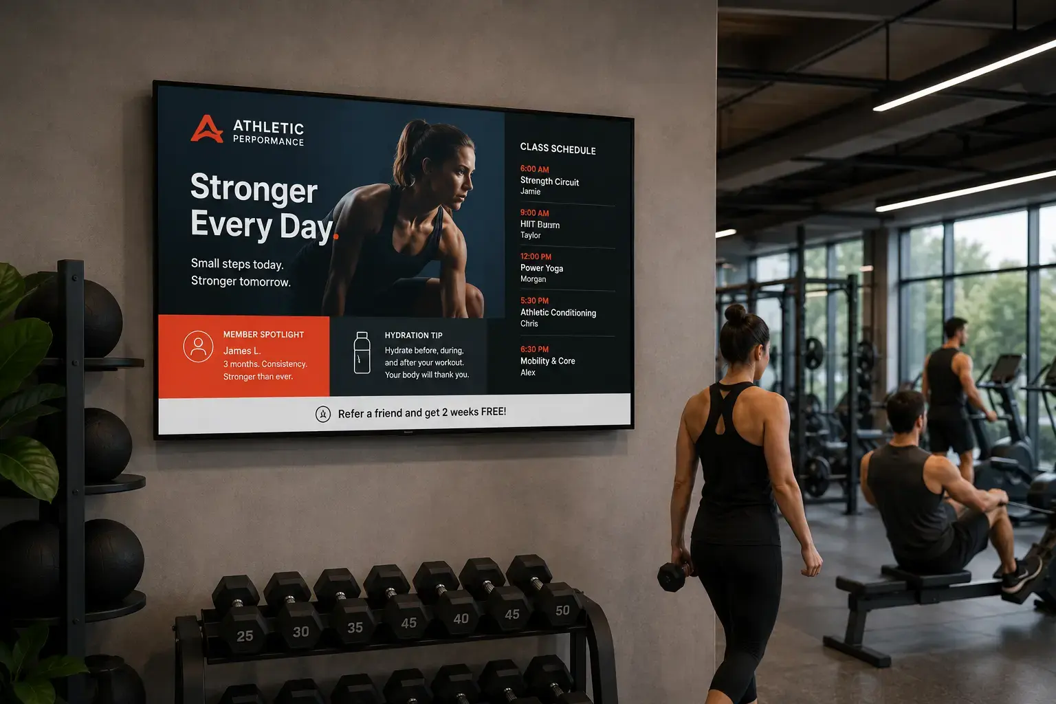 Disflay digital display in a gym showing class schedules